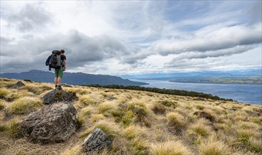 Hiker looks out over Lake Te Anau and Southfiord