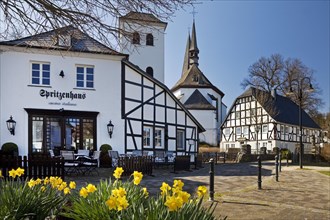 Half-timbered houses around the parish church of St. Peter and Paul in spring