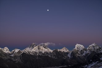 View in the evening light with moon from Renjo La Pass 5417m to the east to Himalaya with Pumori