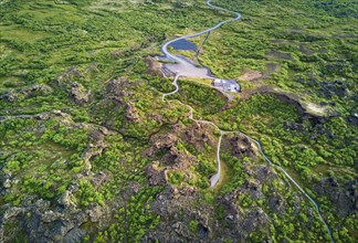 Aerial view of the visitor centre at the lava field Dimmuborgir