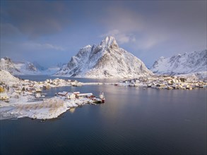 Fishing village Reine in winter at dawn