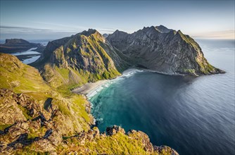 View from the summit to Kvalvika beach and wide sea