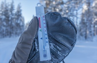 Hand with thick mitten holds thermometer at minus 36 Celsius