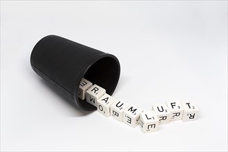 Dice cup with letter cubes