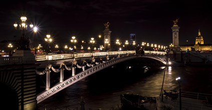 Night view of the illuminated bridge of Pont Alexandre III