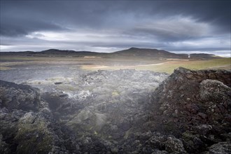 Black solidified lava in green plain with steam