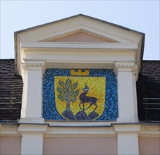 City coat of arms of Bad Ischl at the congress and theatre house in the spa gardens