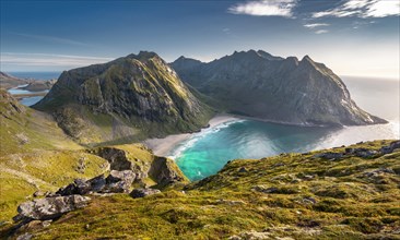 View from the summit to Kvalvika beach and wide sea