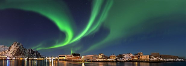 Northern lights in Svolva Panorama Lofoten Norway