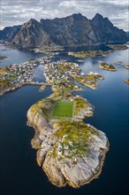 Aerial view of the island world near the fishing village Henningsvaer