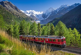 Train of the Bernina line over the Morteratsch valley with Bellavista