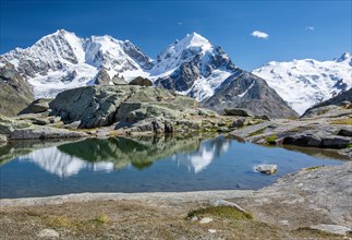Small mountain lake on Fuorcla Surlej with Piz Bernina