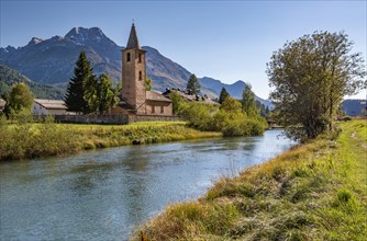 Village church Sils Baselgia on the banks of the Inn