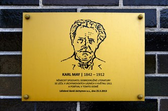 Commemorative plaque of the spa stay of the German adventure writer Karl May in the radium spa Joachimsthal in spring 1911