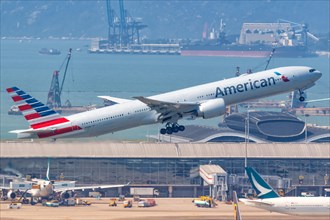 A Boeing 777-300ER aircraft of American Airlines with registration number N721AN at Hong Kong Airport
