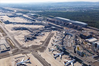Aerial view of Terminal 1 and Lufthansa aircraft at Frankfurt Airport FRA during the Coronavirus Corona Virus COVID-19