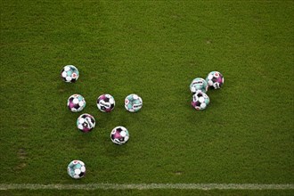 11 match balls adidas Derbystar 2020/21 lie on the turf of the Mercedes-Benz Arena