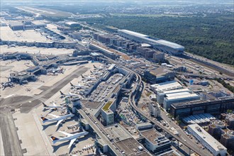 Aerial view of Terminal 1 and Lufthansa aircraft at Frankfurt Airport FRA during the Coronavirus Corona Virus COVID-19