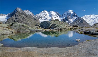 Small mountain lake on Fuorcla Surlej with Piz Bernina