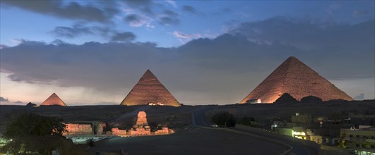The three main pyramids and sphinx during sound and light show