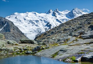 Small mountain lake on Fuorcla Surlej with Piz Glueschaint