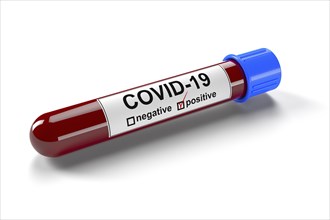 3D illustration of a blood test tube with positive COVID-19 test.