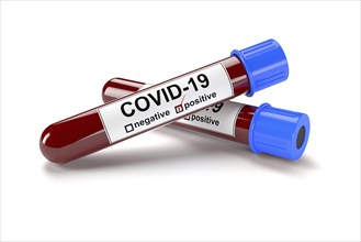 3D illustration of two blood test tubes with positive COVID-19 tests