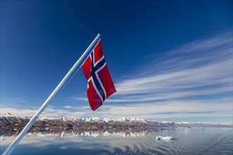 Norwegian flag waving over fjord in Greenland