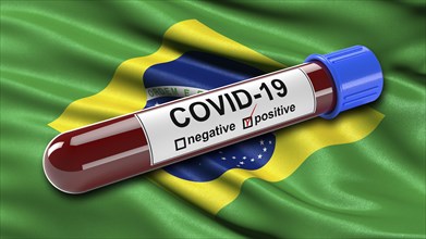Flag of Brazil waving in the wind with a positive Covid-19 blood test tube. 3D illustration