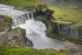 Waterfall falls from green volcanic plain over basalt columns into a canyon