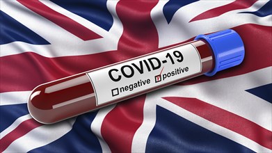 Flag of the United Kingdom waving in the wind with a positive Covid-19 blood test tube. 3D illustration