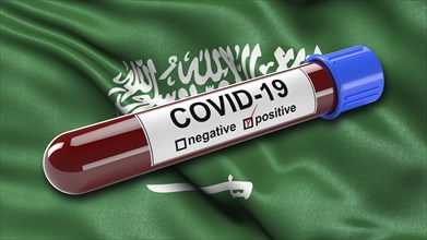 Flag of Saudi Arabia waving in the wind with a positive Covid-19 blood test tube. 3D illustration