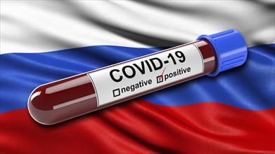 Russian flag waving in the wind with a positive Covid-19 blood test tube