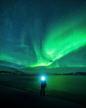 Northern lights over a Norwegian fjord with person and headlamp
