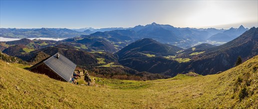 Alpine panorama from the Scheibenkaser Almhuette to the Berchtesgadener Alps