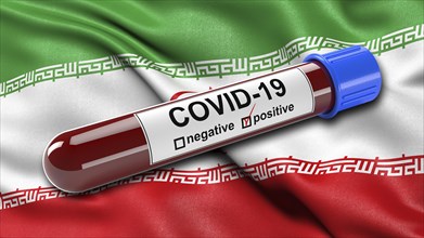 Flag of Iran waving in the wind with a positive Covid-19 blood test tube. 3D illustration