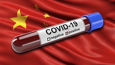 Flag of China waving in the wind with a positive Covid-19 blood test tube. 3D illustration