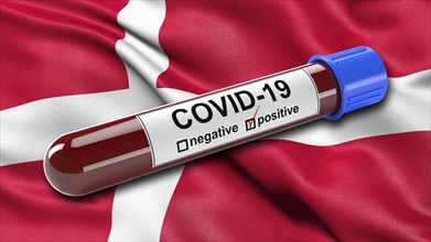 Flag of Denmark waving in the wind with a positive Covid-19 blood test tube. 3D illustration