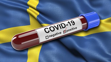 Flag of Sweden waving in the wind with a positive Covid-19 blood test tube. 3D illustration