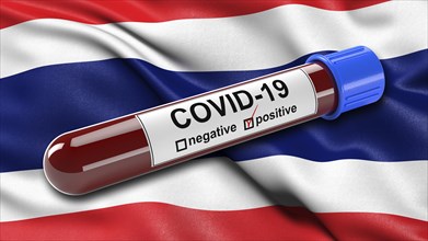 Flag of Thailand waving in the wind with a positive Covid-19 blood test tube. 3D illustration