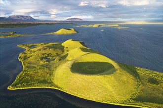 Aerial view of green volcanic island