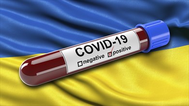 Flag of Ukraine waving in the wind with a positive Covid-19 blood test tube. 3D illustration