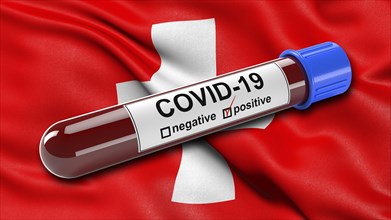 Flag of Switzerland waving in the wind with a positive Covid-19 blood test tube. 3D illustration