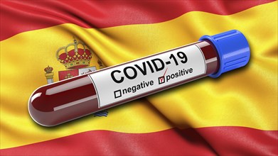 Flag of Spain waving in the wind with a positive Covid-19 blood test tube. 3D illustration