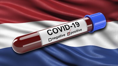 Flag of the Netherlands waving in the wind with a positive Covid-19 blood test tube. 3D illustration