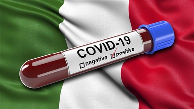 Flag of Italy waving in the wind with a positive Covid-19 blood test tube. 3D illustration