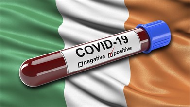 Flag of the Republic of Ireland waving in the wind with a positive Covid-19 blood test tube. 3D illustration