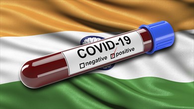 Flag of India waving in the wind with a positive Covid-19 blood test tube. 3D illustration