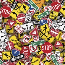 3D illustration of North American road signs like stop signs