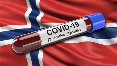 Flag of Norway waving in the wind with a positive Covid-19 blood test tube. 3D illustration